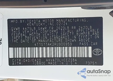2024 Toyota Camry Se from USA, damaged, VIN 4T1S11AK2RU900959